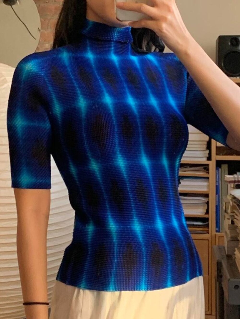 Issey Miyake T. Stretch Pleats Mockneck Top Blue Twinkle